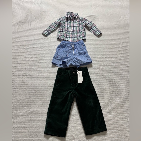 Janie and Jack Other - Janie and Jack Plaid Shirt, Blue Shorts, and Green Pants Set